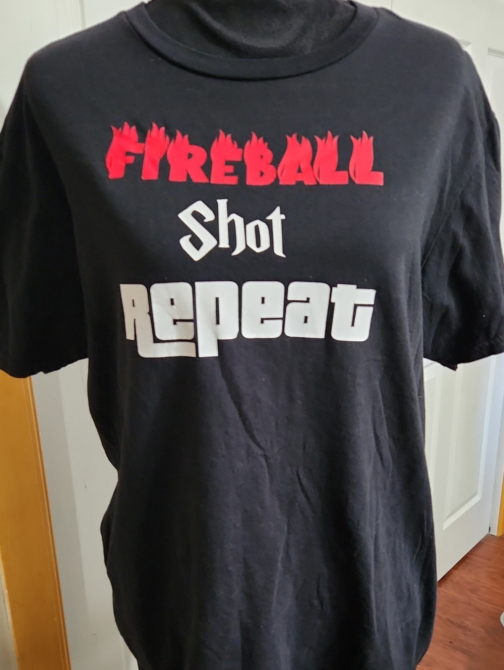 Gildan Black Tee with Red and White 'Fireball Shot Repeat' Graphic